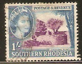 Southern Rhodesia 1953 1s Reddish violet and light blue. SG86.